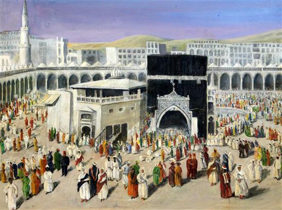 Early 20th century European School Gathering of Muslims at the Kaaba in Mecca, Saudi Arabia 18 x 23.5in.